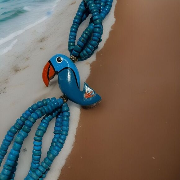 Parrot Chunky Wooden Necklace VTG 80s' Tropical Blue 24" Coastal Bird Lovers - Picture 1 of 7